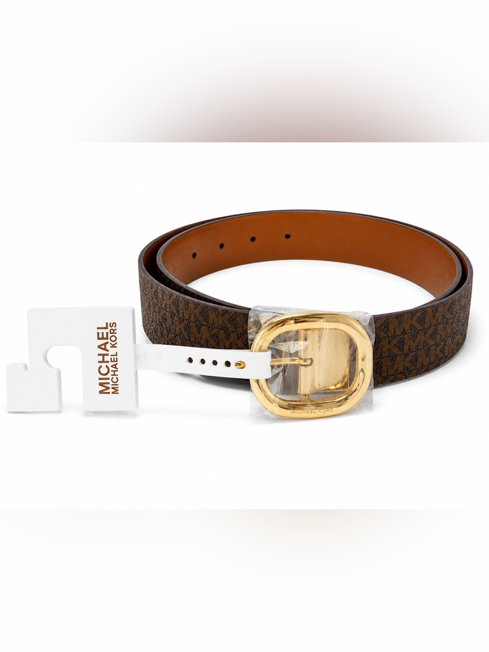 NWT Michael Kors Reversible MK Logo Belt Brown/Tan Gold Buckle Size L